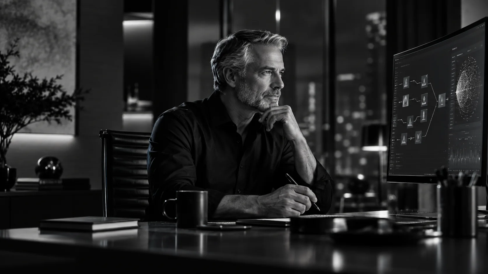 Business owner reviewing an AI workflow in a monochrome workspace
