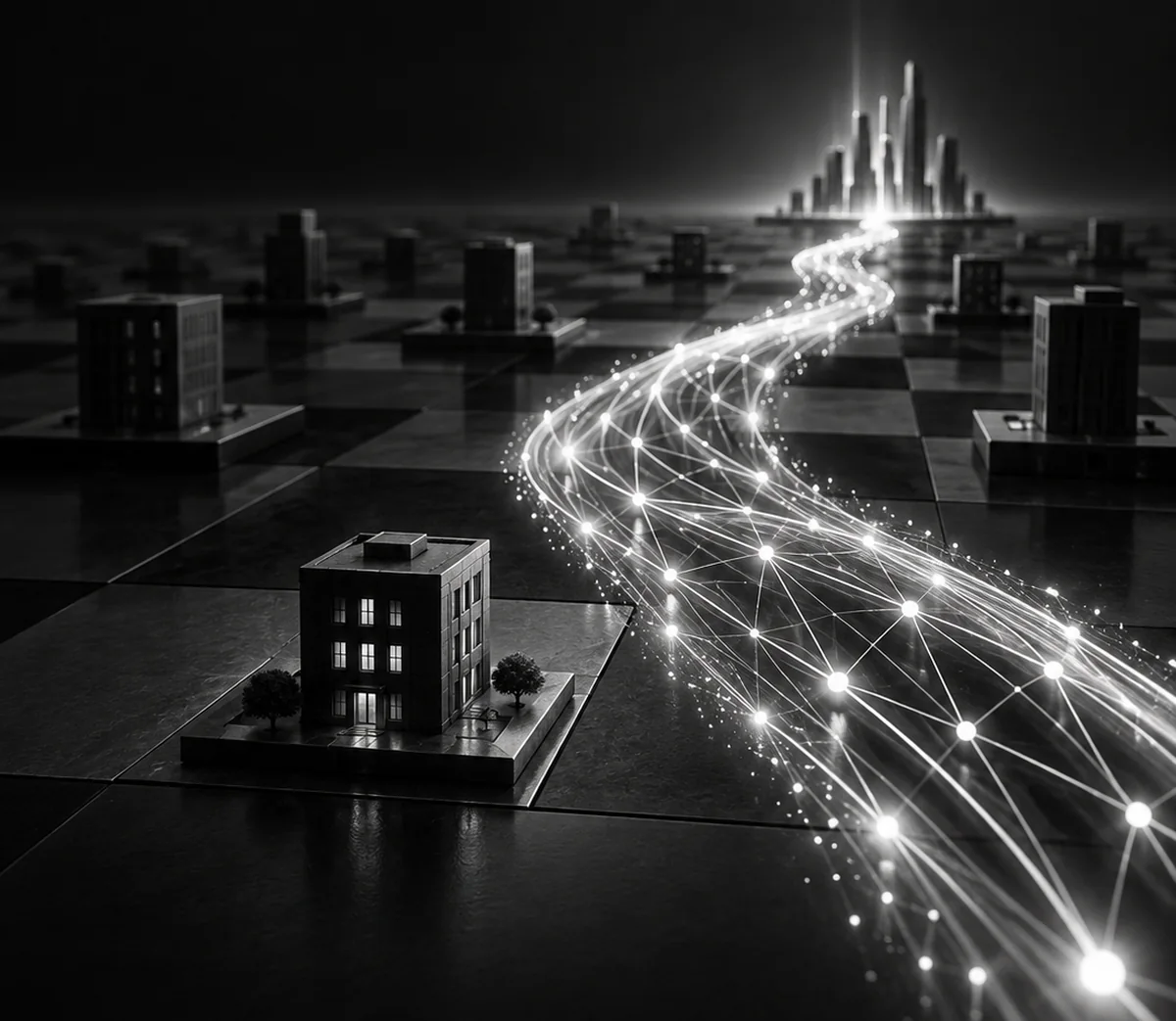 A business standing still while an AI network moves forward