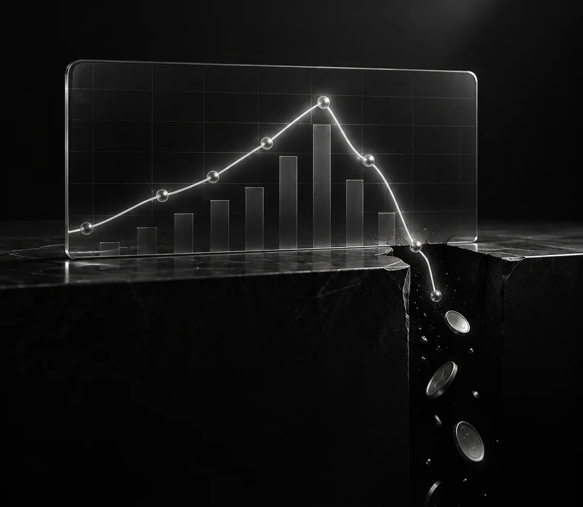 A revenue chart losing value into a financial gap